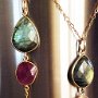 Playing with different shapes, sizes, and colors makes this jewelry exceptionally charming. The bright Umba sapphires, emerald and iridescent labradorite make it seem that these pendants are made from real candies of varied colored. It is almost impossible to look away from the wearer of these necklaces.