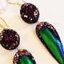 Earrings (Materials: Iridescent purple color with flecks of metallic gold druzy, Elytra of Asian Green Jewel beetle (Sternocera sp.), Swarovski crystals, Microbeads, Swarovski Ceralun Epoxy Clay,  Gold-filled earwire) 