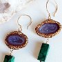  Earrings (Materials: Tabasco geode with Chalcedony from Mexico, Malachite,  Swarovski crystals, Microbeads, Swarovski Ceralun Epoxy Clay,  Gold-filled earwire) 