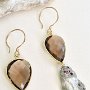  Earrings (Materials: Gold Plated over Silver Bezelled Smokey Quartz, Glowing White Keshi Pearl)